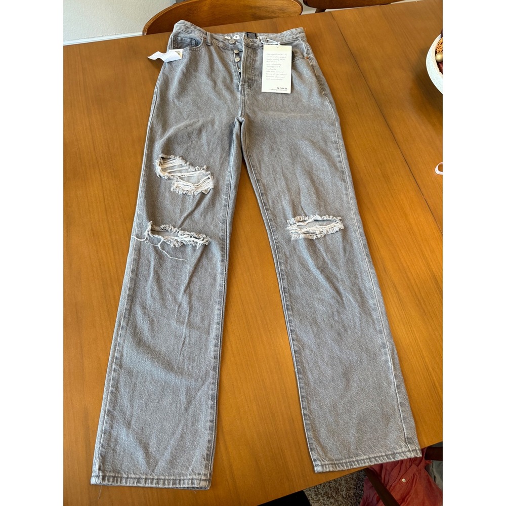 NWT SONG Los Angeles 90s Boyfriend Jean‎ Distressed Ripped Gray Denim Pants